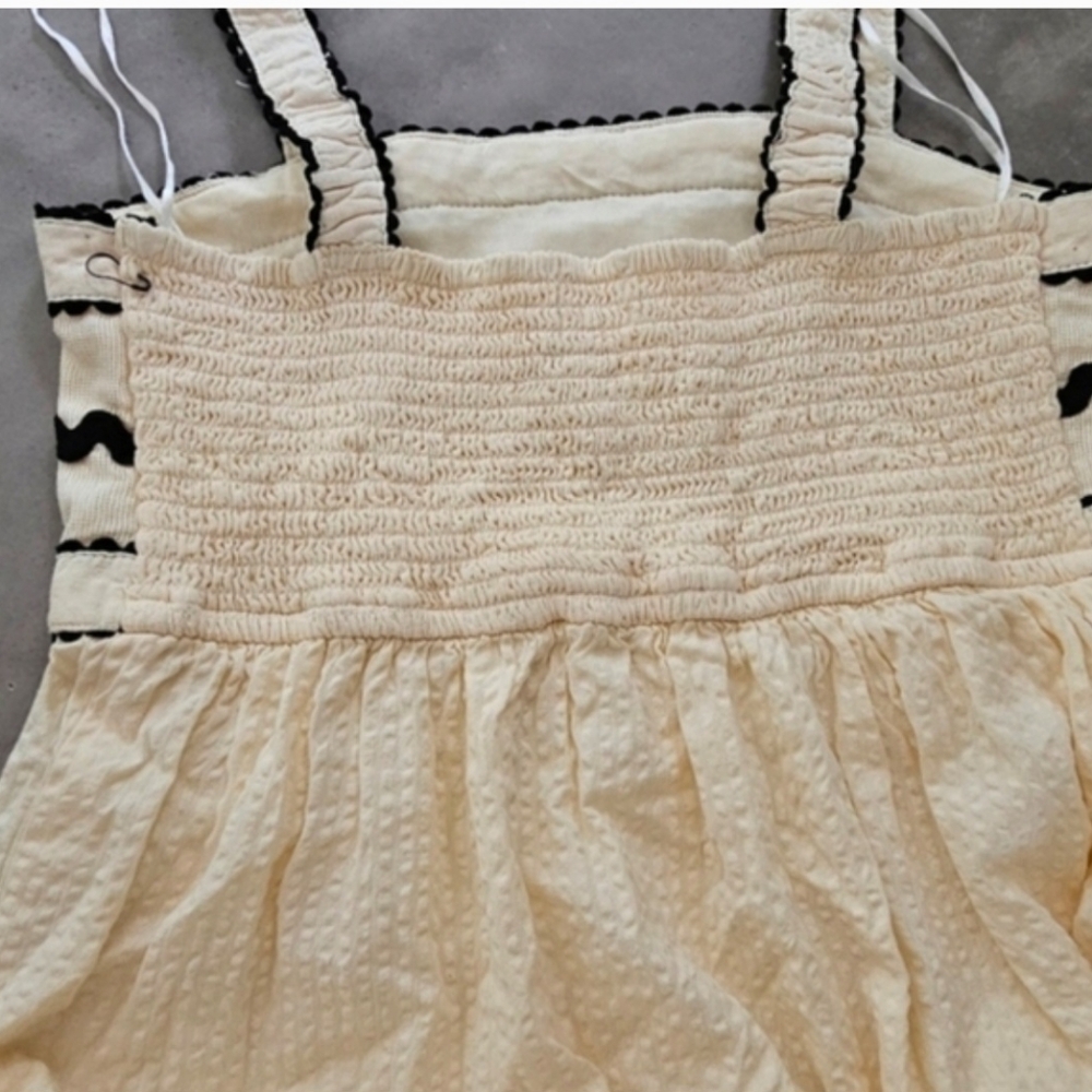 Japna Cream Cotton Tiered Midi Dress Black Ric Rac Trim Smocked Boho S - Picture 7 of 10